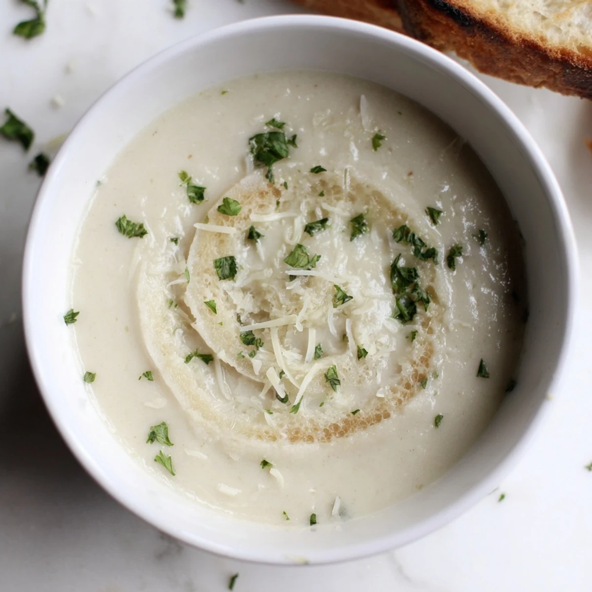 Thick, velvety Creamy Garlic Bread Soup with toasted bread croutons floating on top, steaming hot.