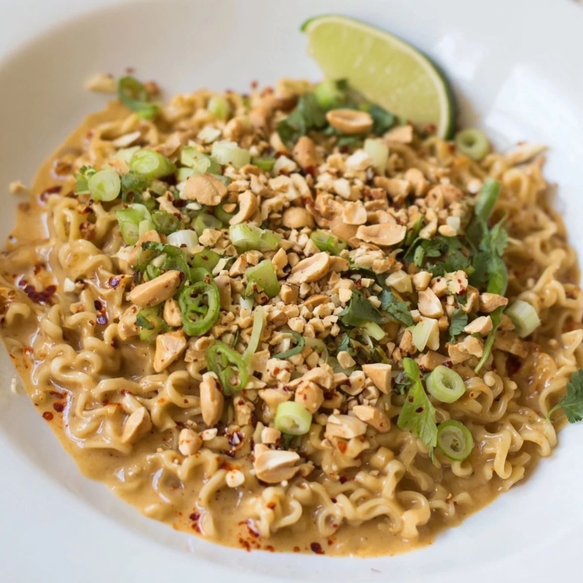 Steaming Instant Peanut Thai Sauce Noodles tossed with a rich, glossy peanut sauce; garnished beautifully with cilantro.