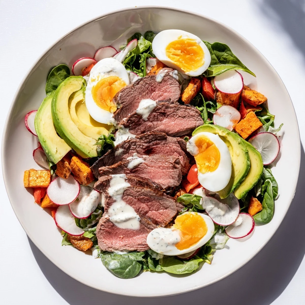 High-Protein Beef Avocado Bowl, with perfectly seared beef, creamy avocado, and roasted sweet potatoes.