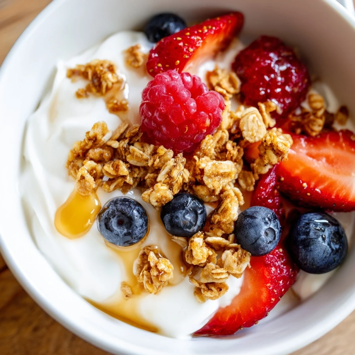 Cottage Cheese Hot Honey Bowl: A beautiful shot of a breakfast bowl with luscious hot honey glistening over berries and granola.