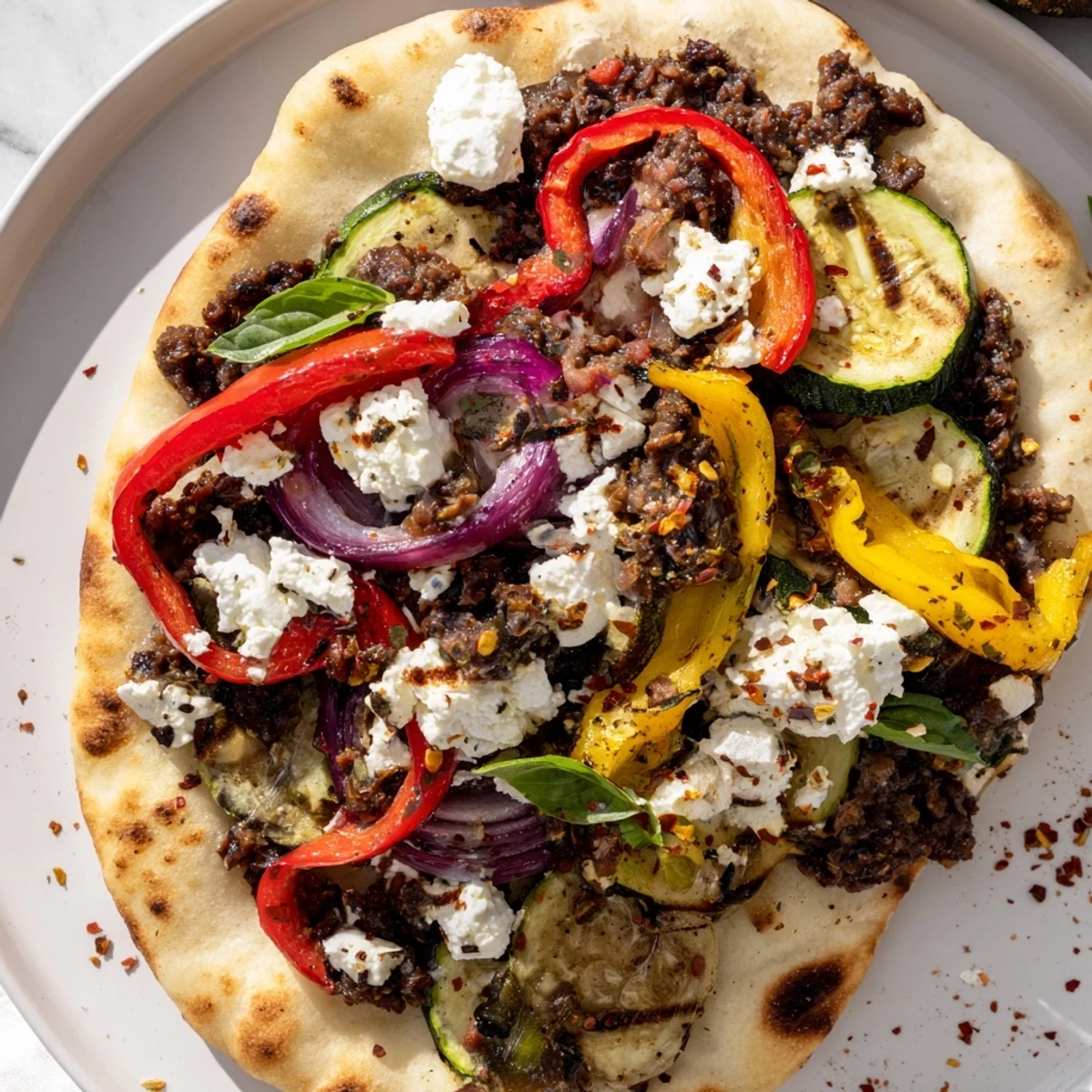 Naan Bread Pizza with colorful, roasted vegetables and creamy feta cheese, ready to eat.