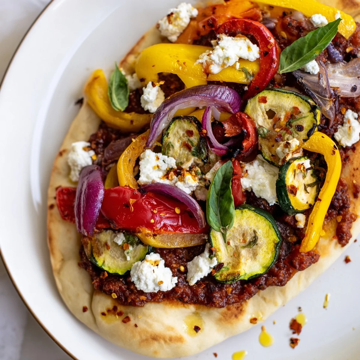 A delicious Naan Bread Pizza with Mediterranean flavors featuring fresh basil, perfect for dinner.