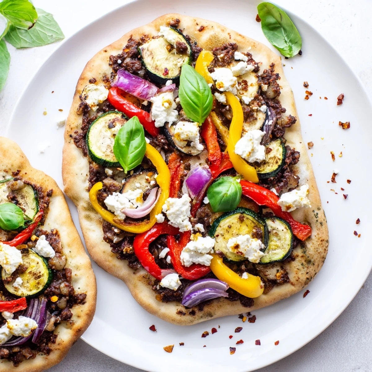 Golden-crusted Naan Bread Pizza, topped with vibrant veggies, tapenade, and crumbled feta.