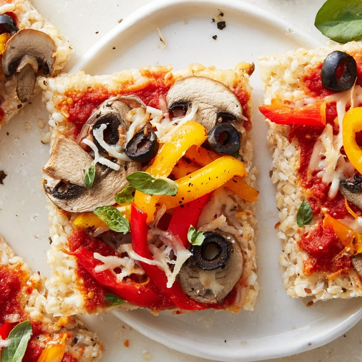 Warm, cheesy Rice Cake Pizza Squares topped with fresh herbs, perfect for a quick snack.