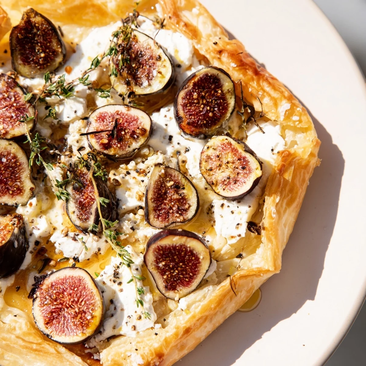 This close-up showcases a bubbling Puff Pastry Truffle Pizza, drizzled with honey and truffle oil.