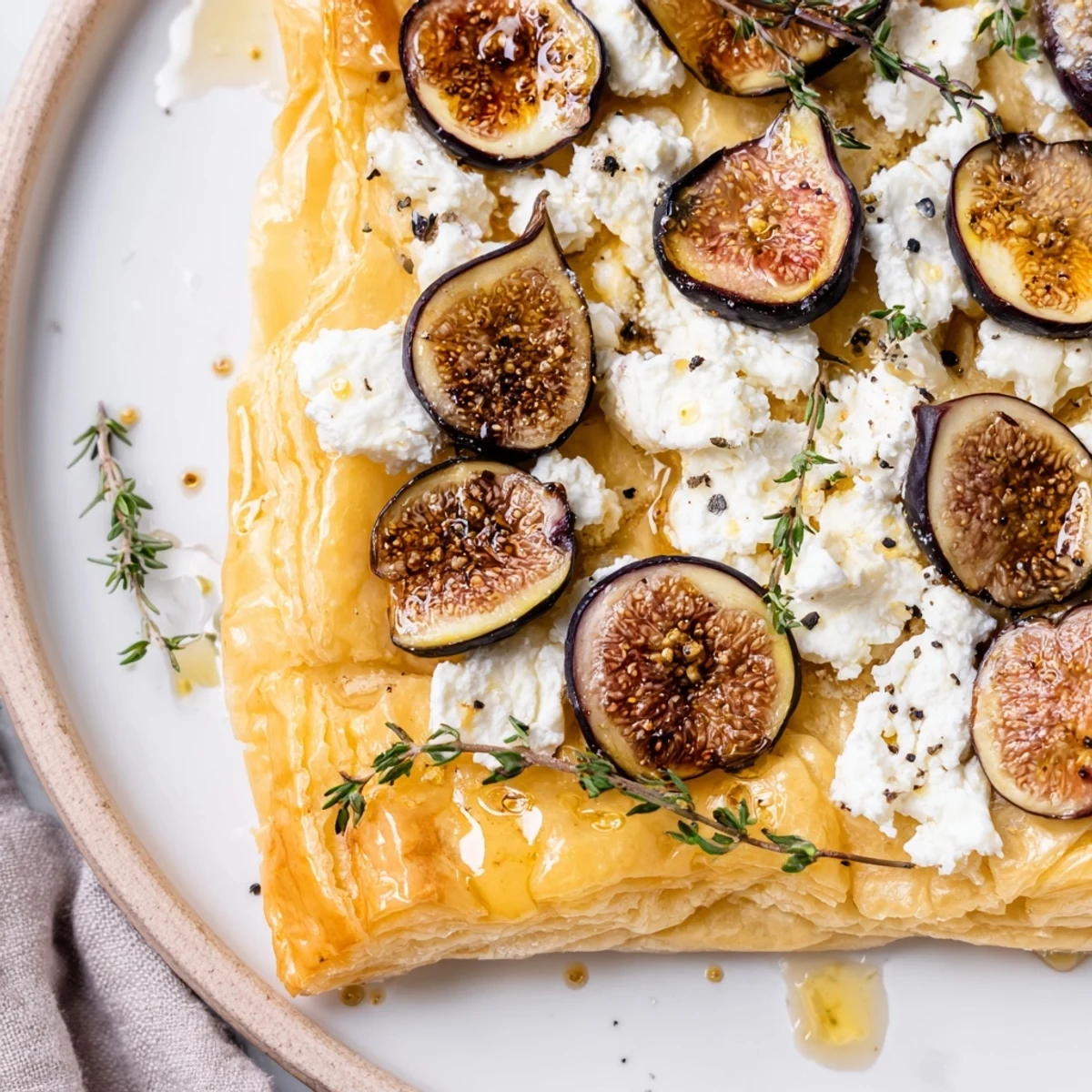 A beautifully baked Puff Pastry Truffle Pizza is topped with goat cheese, perfect for a gourmet appetizer.