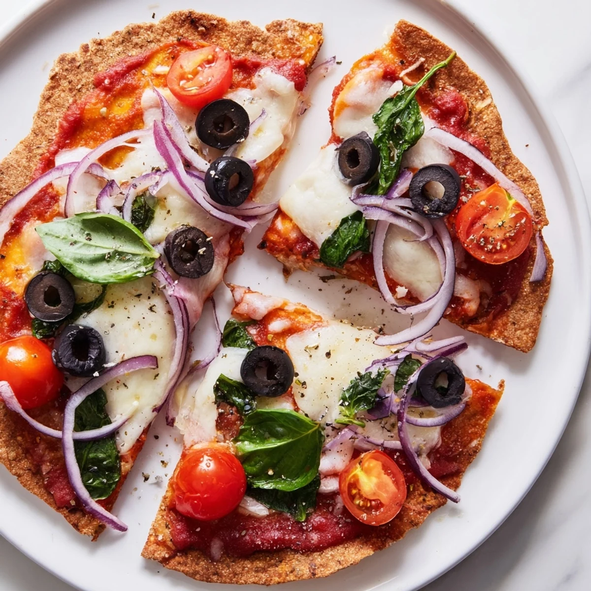 Golden, bubbly Crispy Tortilla Pizza with melted cheese and fresh basil—ready to enjoy!