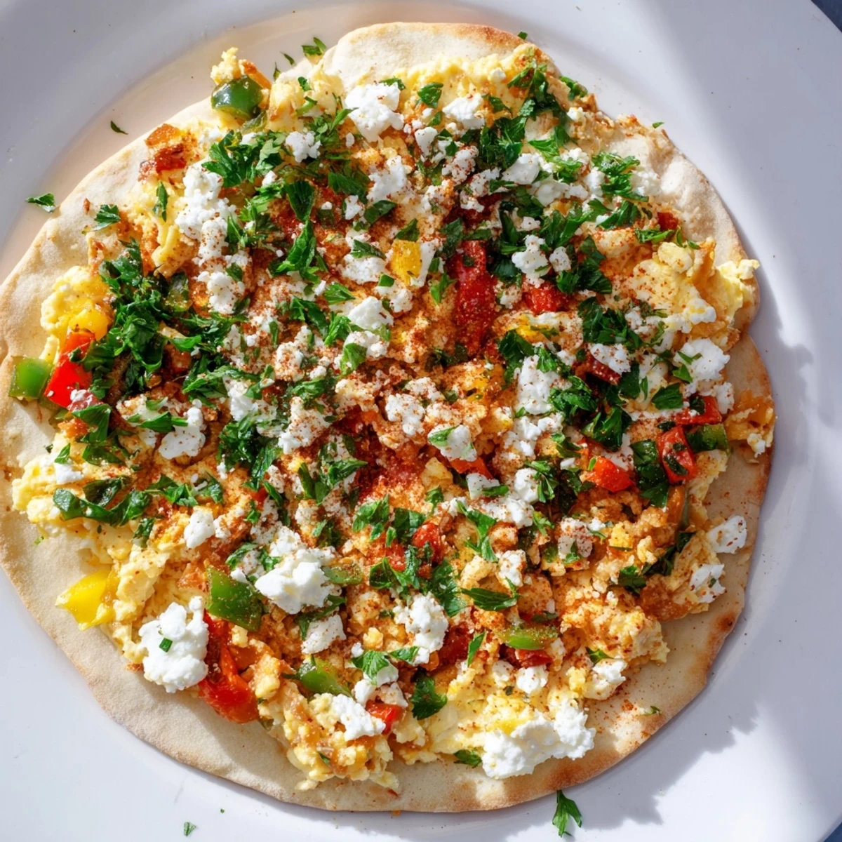 Freshly baked Turkish Menemen Eggs Pizza with crumbled feta, ready to slice and enjoy.