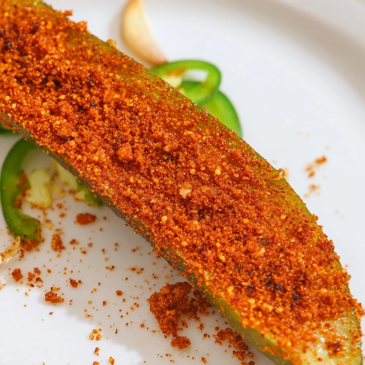 Close-up of Taco Pickles in a glass jar with fresh sliced jalapeños and garlic, marinated in a bright, spicy taco seasoning brine.