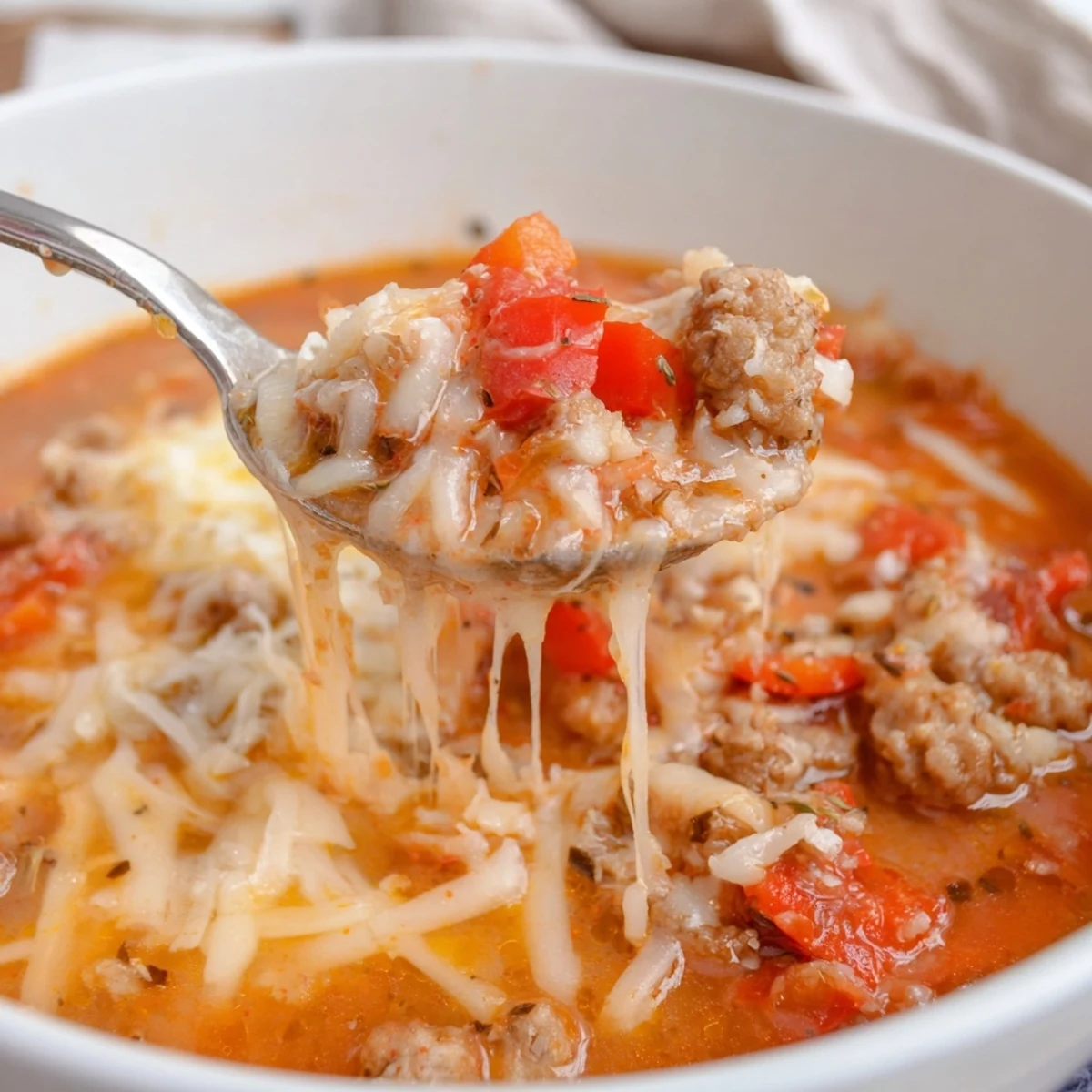 A close-up of steaming Pizza Soup in a rustic bowl, topped with melted mozzarella, fresh basil, and crumbled Italian sausage.  