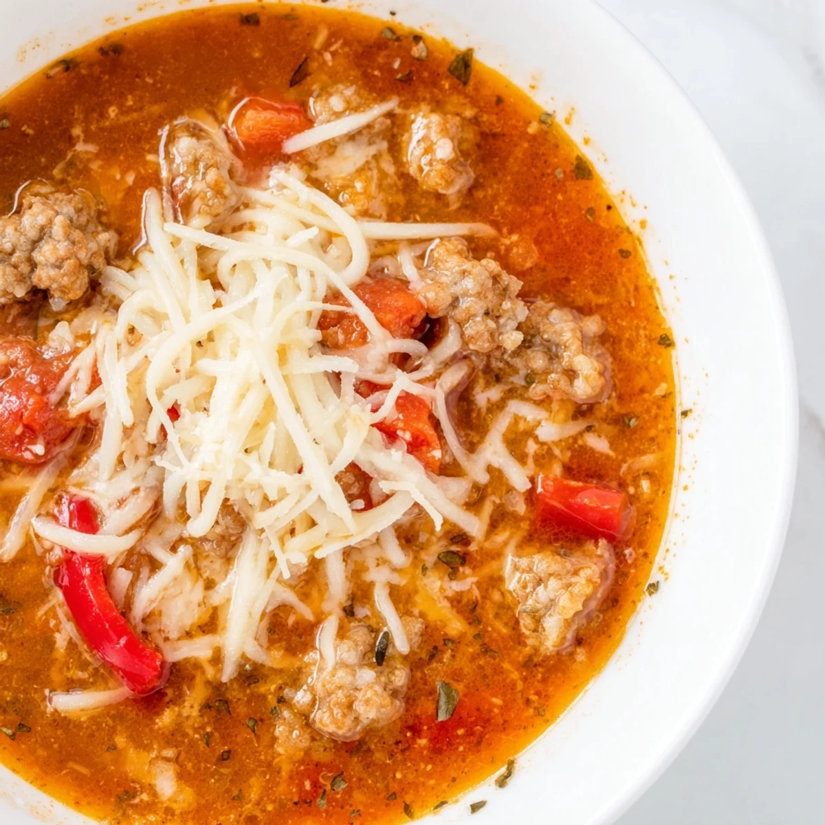 Hearty Pizza Soup in a white bowl with red bell peppers, onions, and gooey mozzarella, ready to be served with crusty bread.  