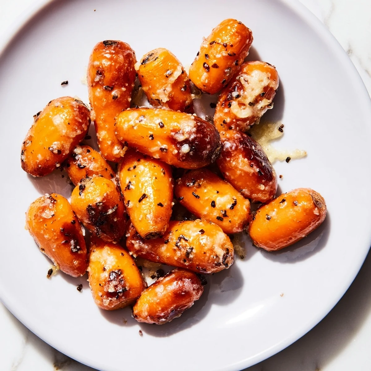 Golden roasted Parmesan baby carrot chips glisten on a baking sheet, their honey glaze caramelized and edges crisped.  