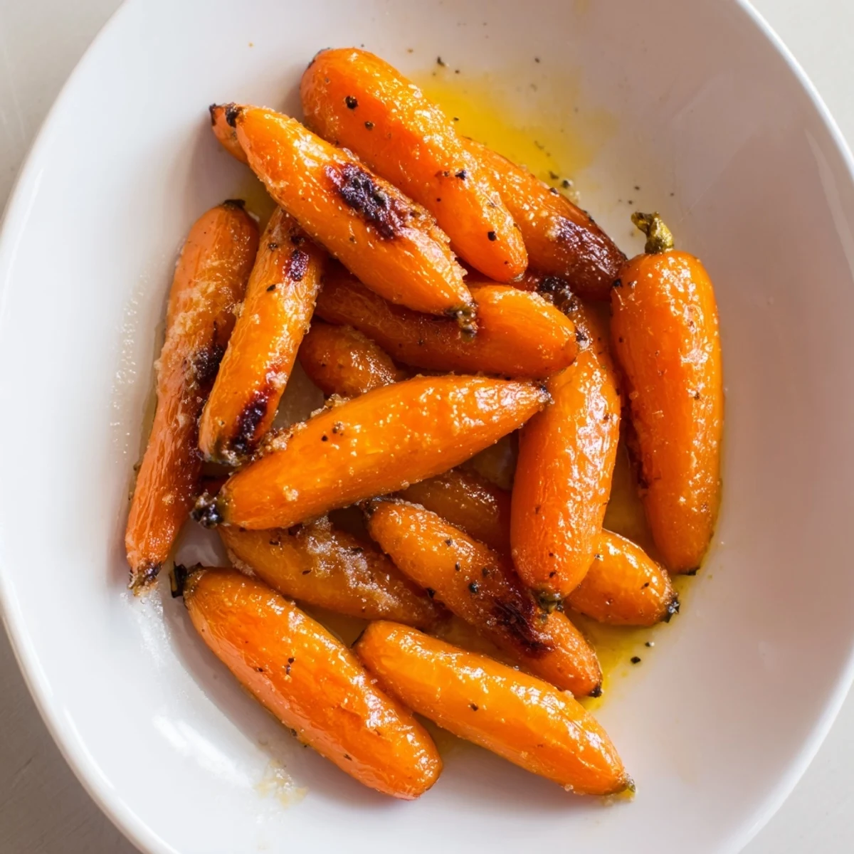 A rustic wooden bowl filled with savory-sweet roasted baby carrot chips, sprinkled with fresh herbs for garnish.