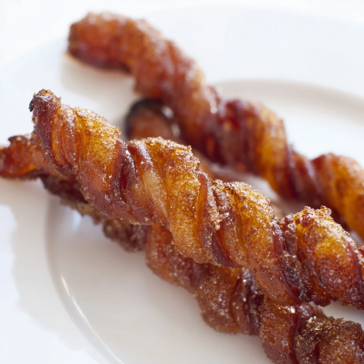 Golden-brown Spiced Bacon Twists, crackling with cinnamon and brown sugar, lined up neatly on a cooling rack.