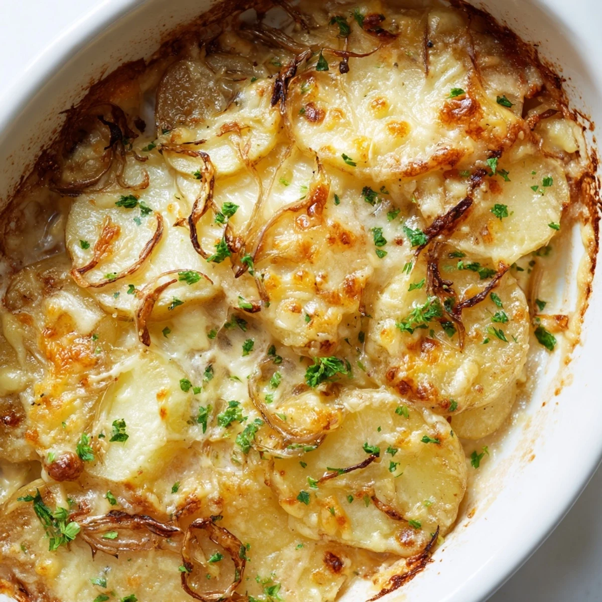 Hearty French Onion Soup Potatoes casserole features golden Yukon Gold potatoes layered with sweet onions and melted cheese.