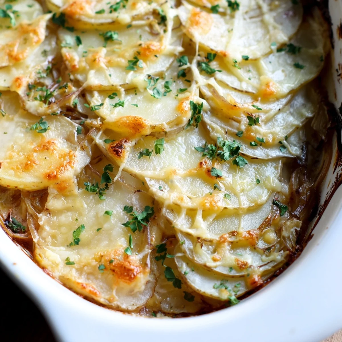 Savory French Onion Soup Potatoes served warm as a gluten-free side dish with a sprinkle of fresh parsley.