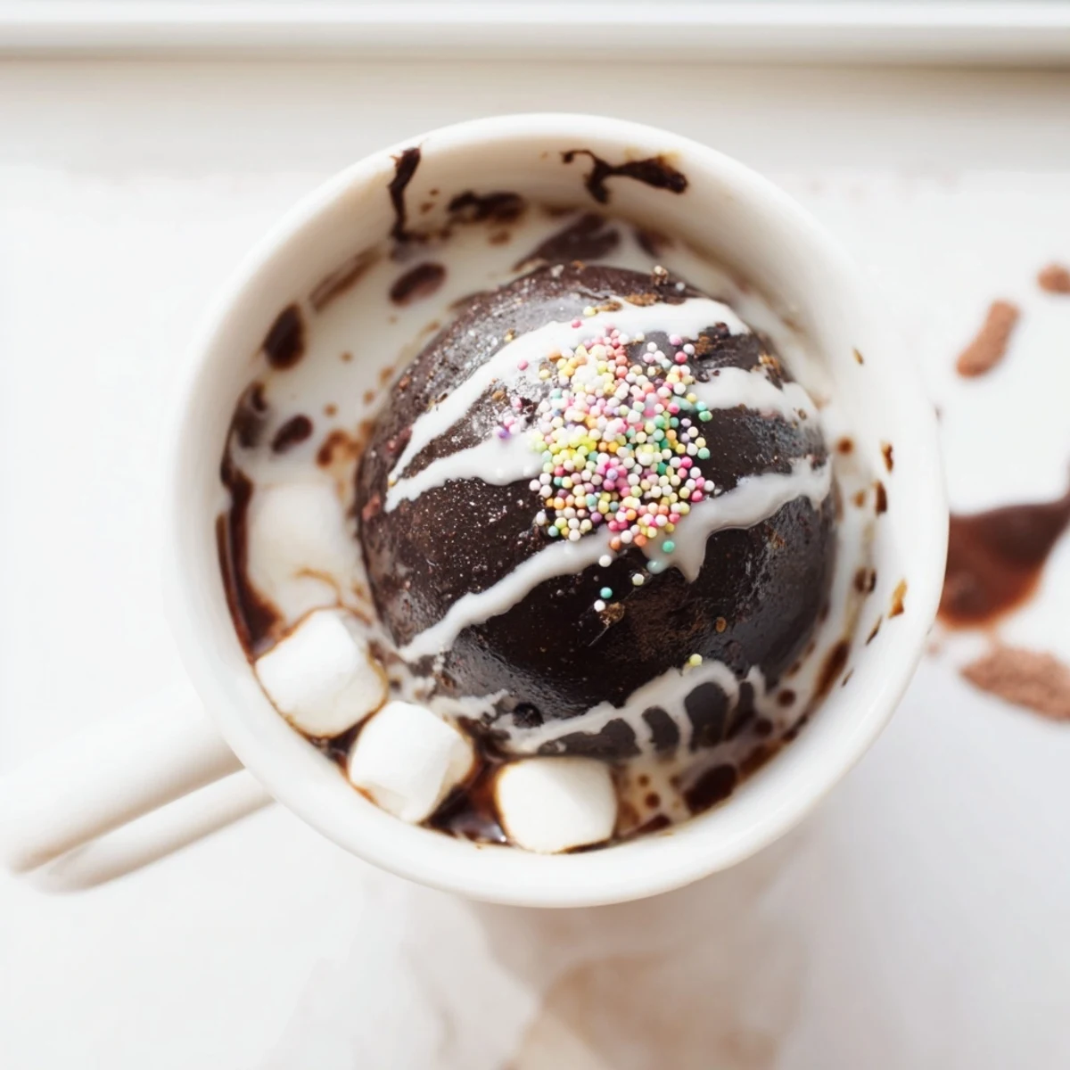 Hot chocolate bombs on a wooden table, showing glossy chocolate spheres drizzled with white chocolate and sprinkled for a festive look.