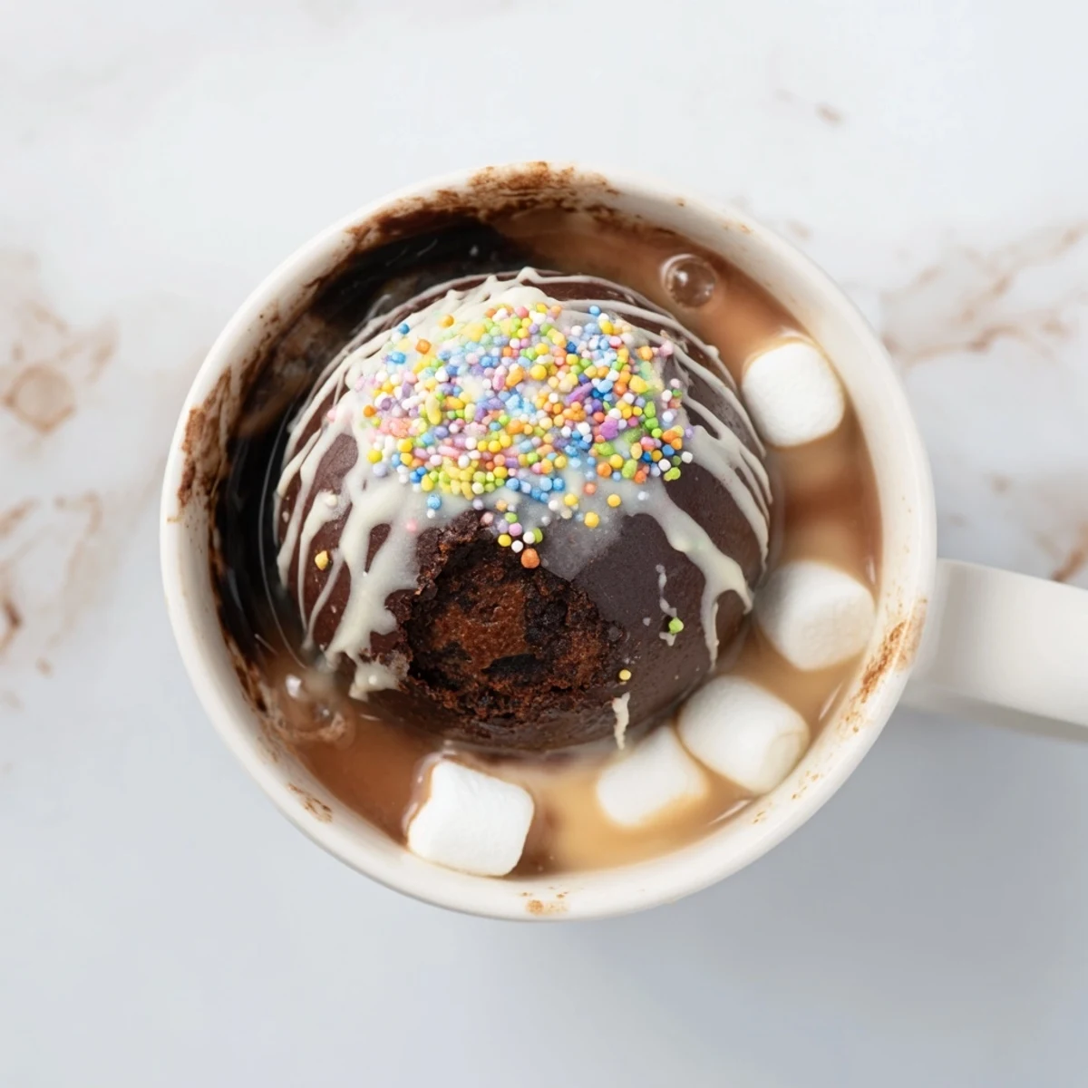 A close-up of a broken hot chocolate bomb revealing its cocoa powder and mini marshmallows filling, perfect for sweet indulgence.