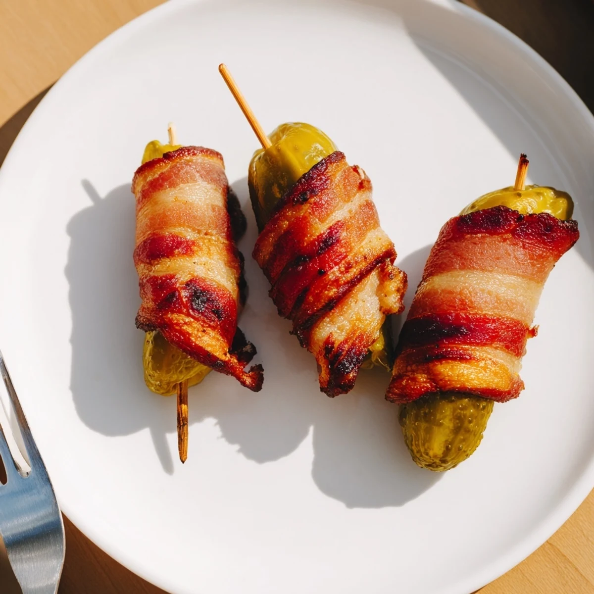 Freshly baked Bacon-Wrapped Pickles displayed on a rustic wooden board, their golden-brown bacon crisps glistening under warm kitchen lighting.  
