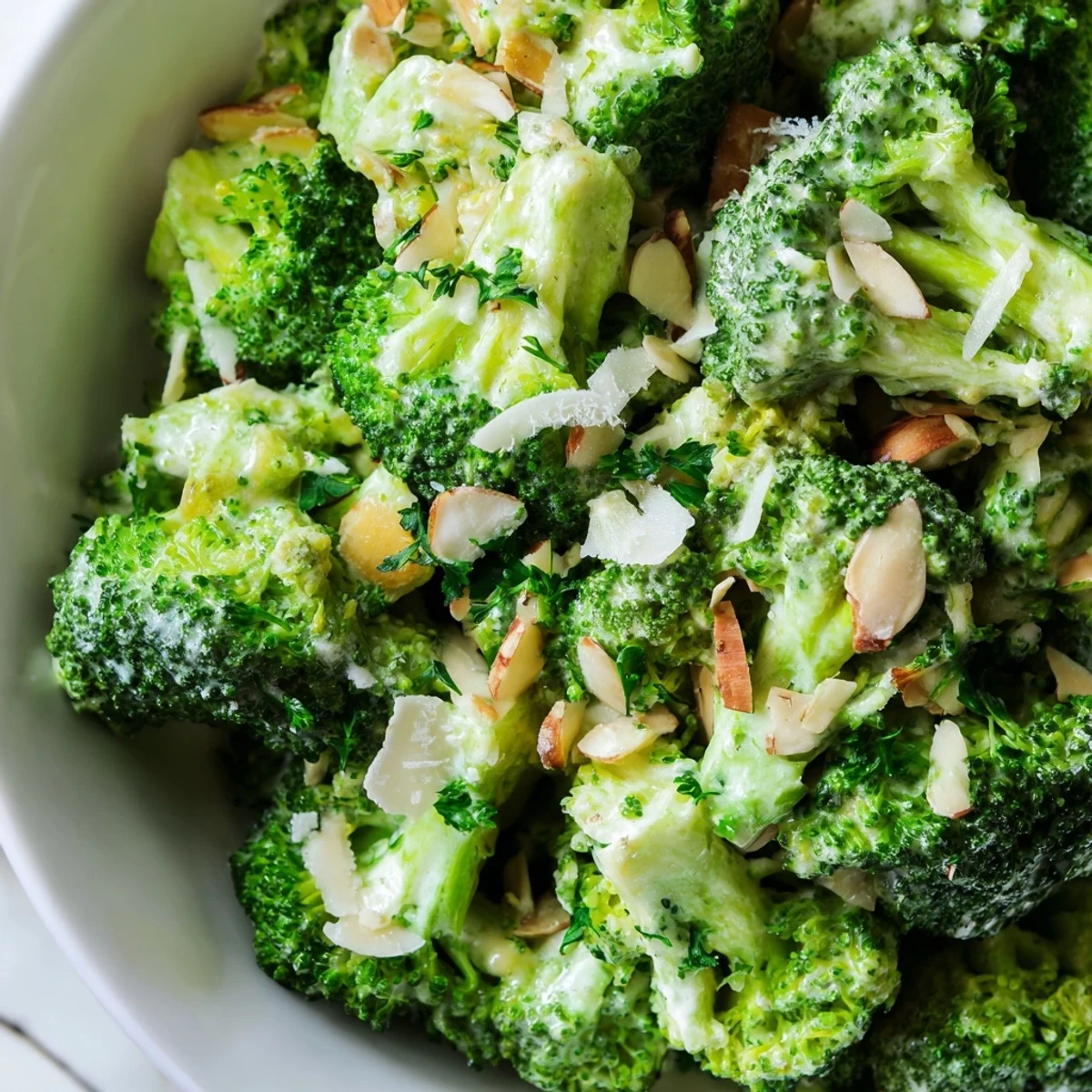 Fresh bright green broccoli florets coated in creamy garlic Parmesan salad dressing, garnished with parsley.