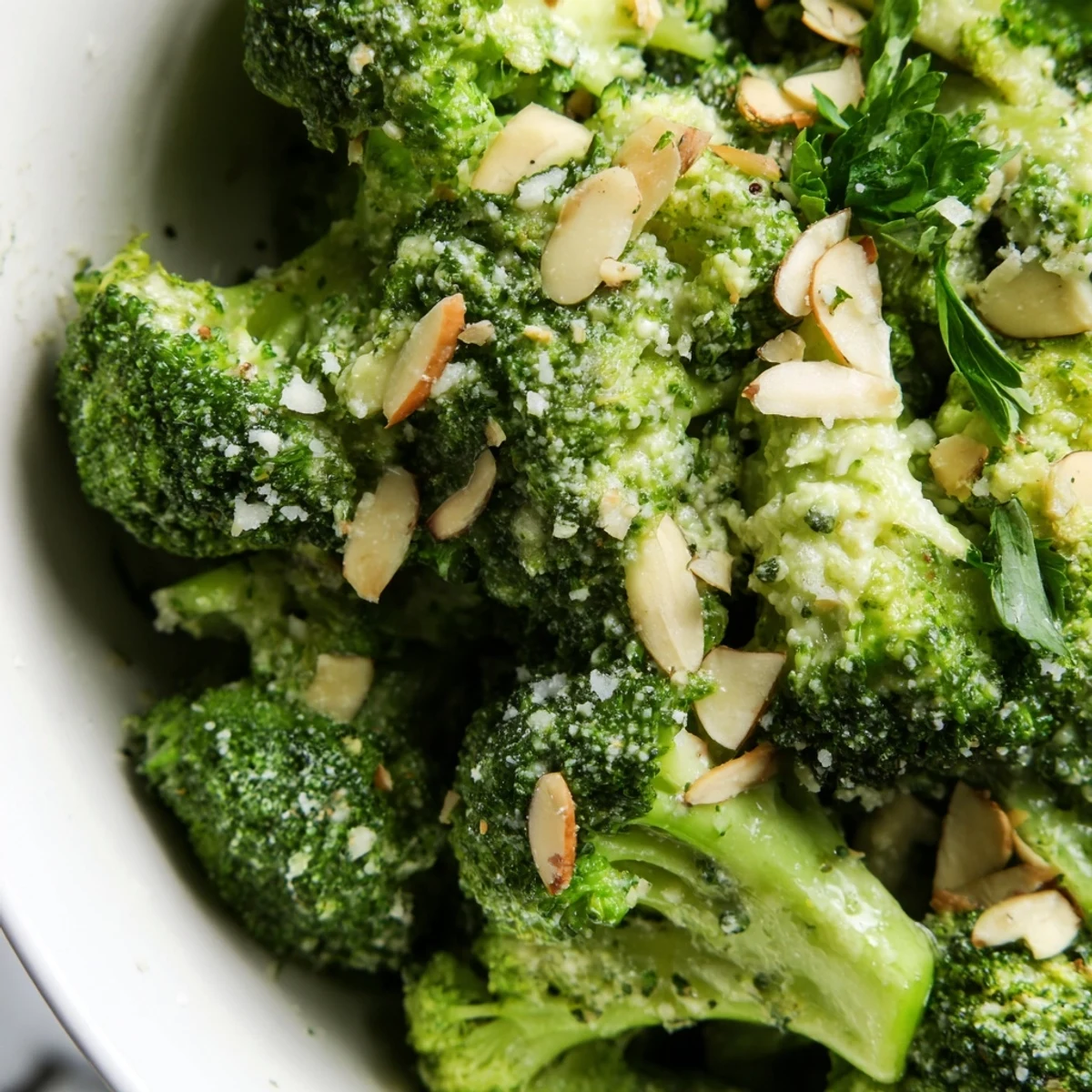 Blanched broccoli salad tossed with red onion and toasted almonds in a savory garlic Parmesan dressing.
