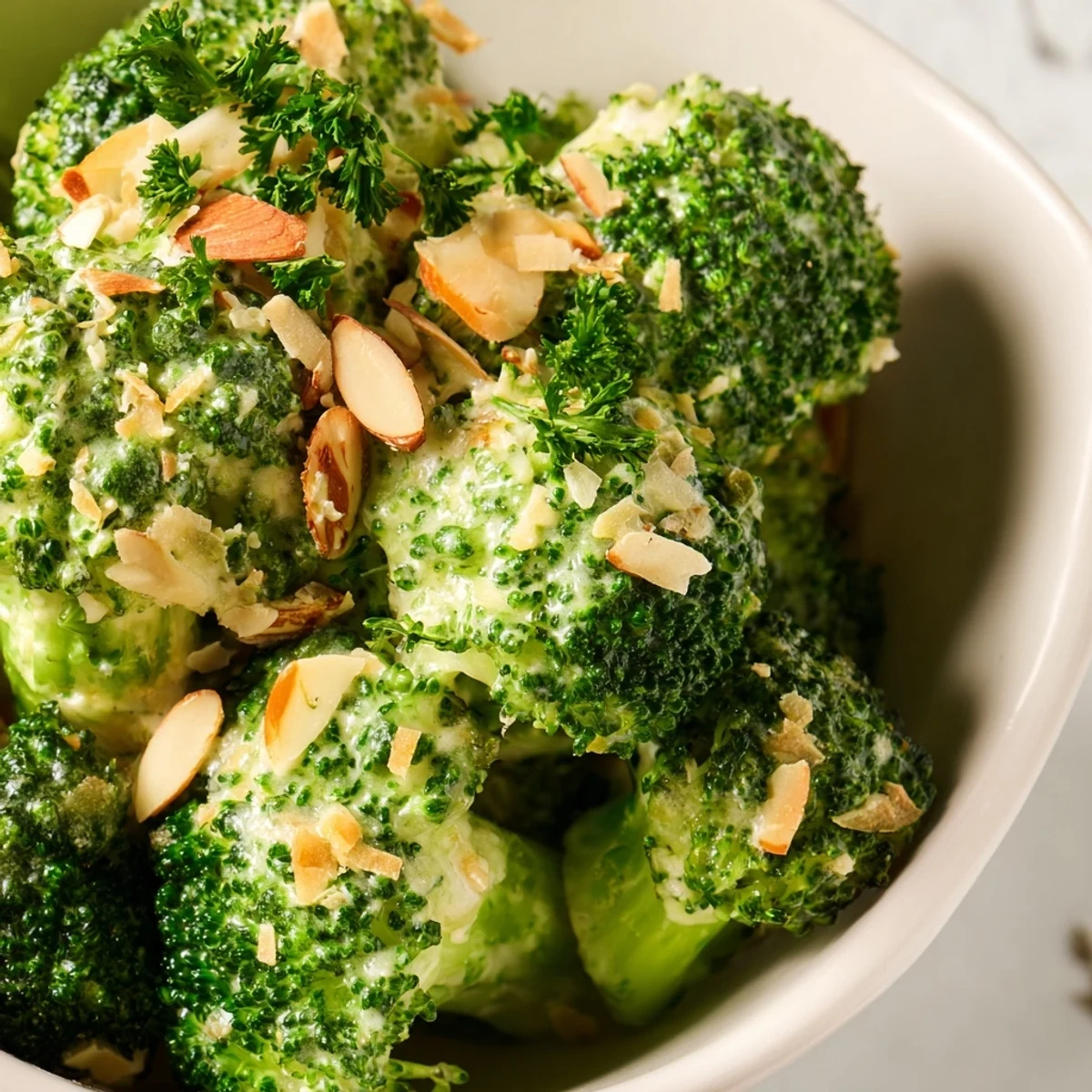 Garlic Parmesan Broccoli Salad in a white bowl, topped with grated Parmesan and fresh parsley sprigs.