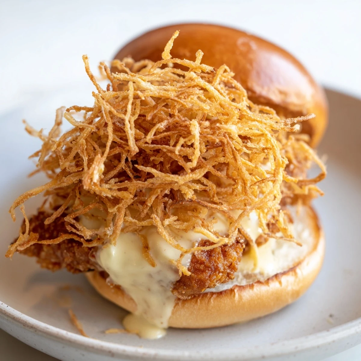 Crispy onion chicken sandwich stacked high with golden fried chicken thighs and crunchy fried onions on a toasted brioche bun.  
