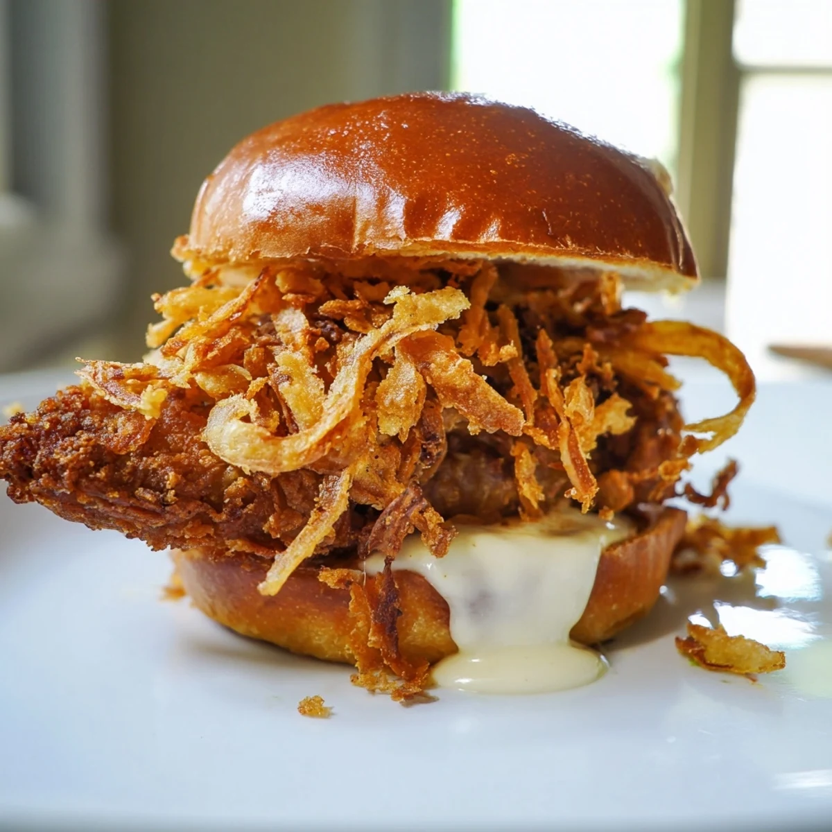 Golden Crispy Onion Chicken Sandwich oozing creamy garlic aioli, served with crisp lettuce for a satisfying bite.  