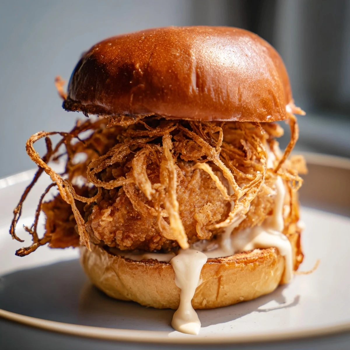 Juicy buttermilk-marinated Crispy Onion Chicken Sandwich with a mountain of crispy onions, ready to enjoy on a plate.