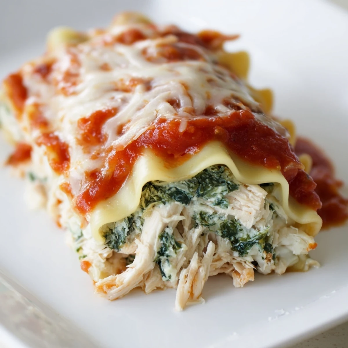 Golden-brown Chicken and Spinach Lasagna Rolls sit in a ceramic baking dish, oozing melted mozzarella and Parmesan over marinara sauce.