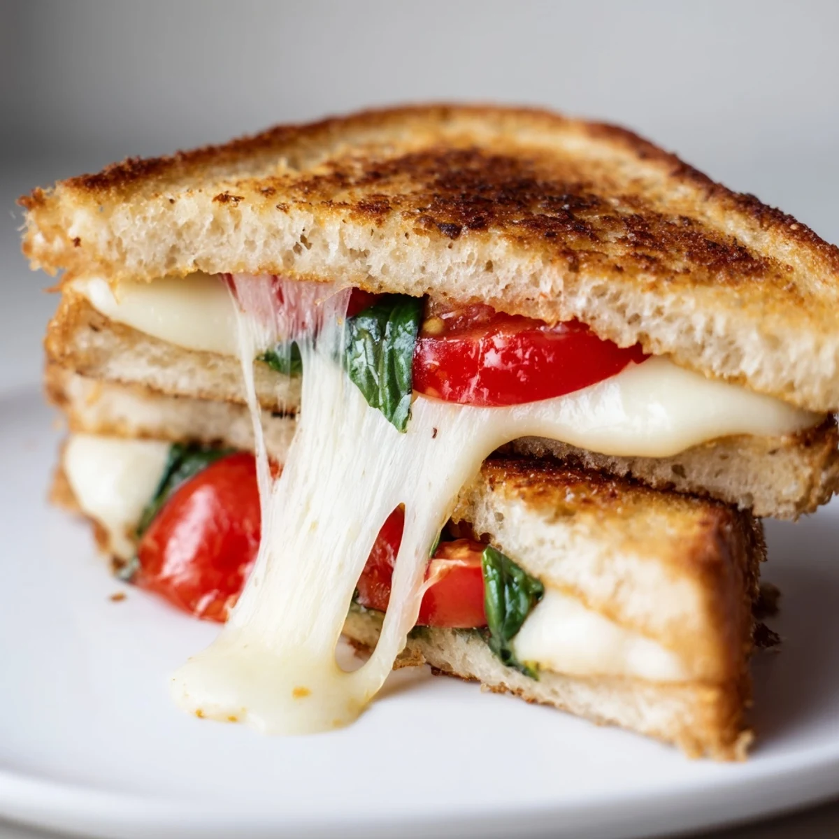 Golden-brown Tomato Basil Grilled Cheese sandwiches on a plate, featuring melted mozzarella and fresh basil tucked between crispy sourdough slices.  