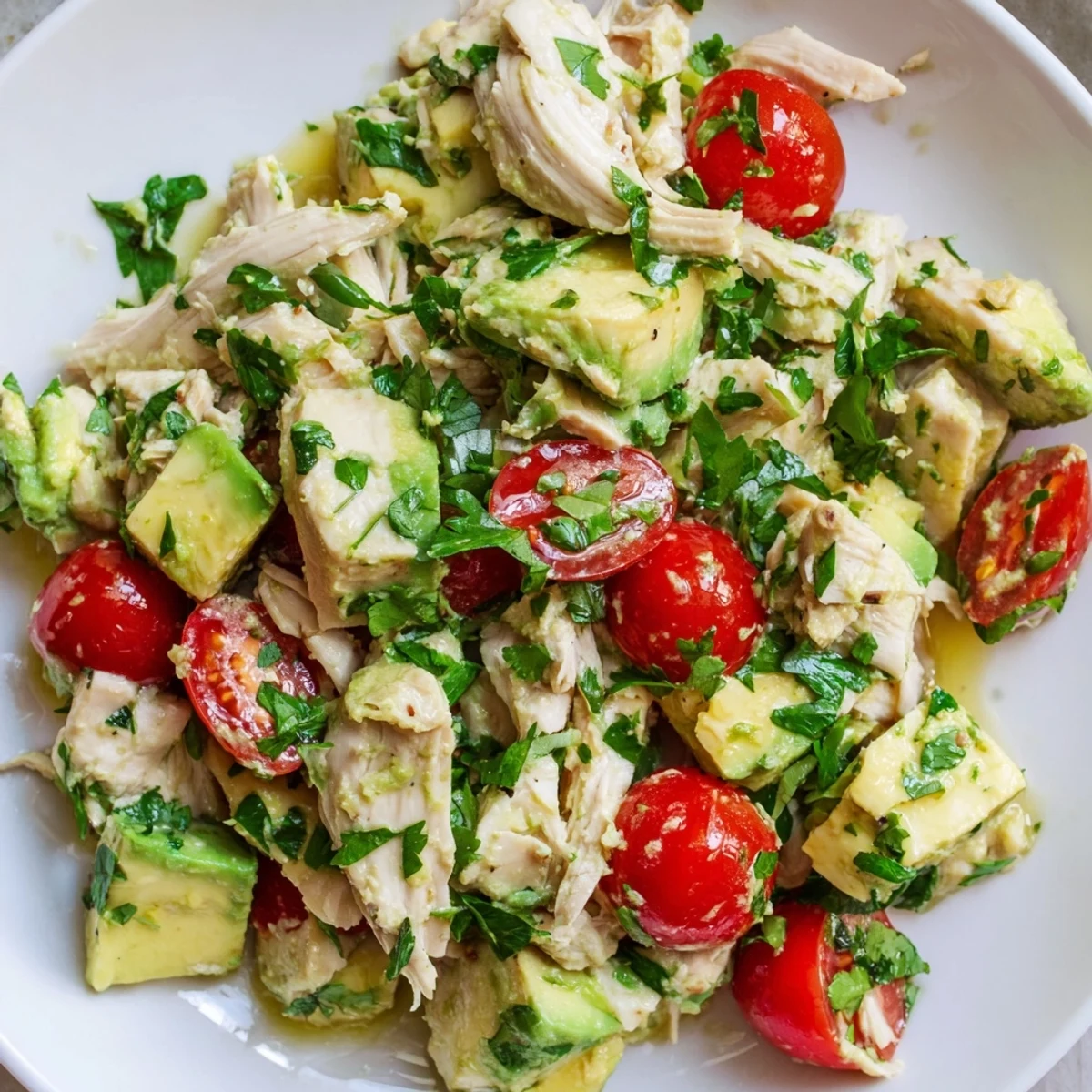 Freshly diced avocado and shredded chicken glisten with lime juice in this Avocado Chicken Salad, served with cherry tomatoes and herbs on a rustic plate.  