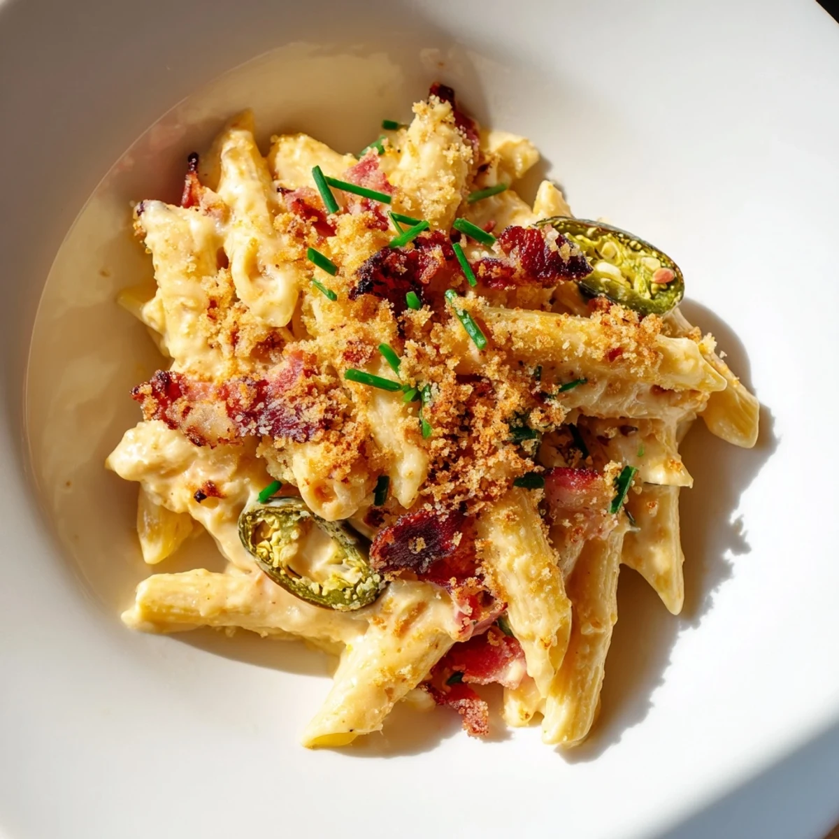 Creamy Jalapeño Popper Pasta topped with crispy bacon and melted cheddar, served steaming hot from the skillet.