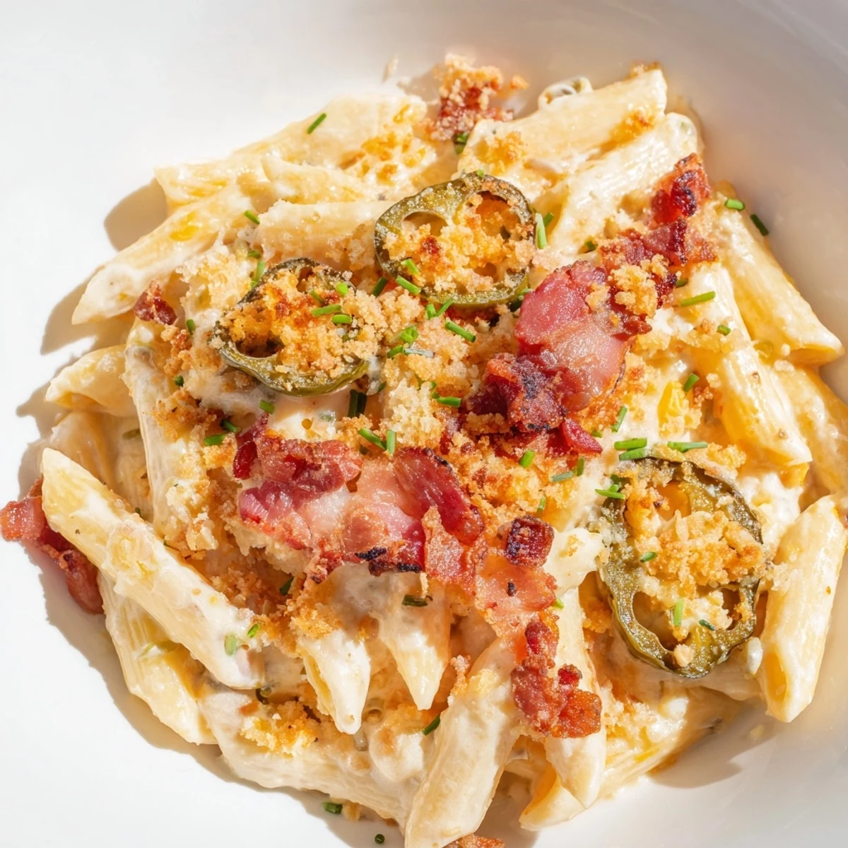 Fresh chives and crunchy panko breadcrumbs garnish a bowl of cheesy Jalapeño Popper Pasta.