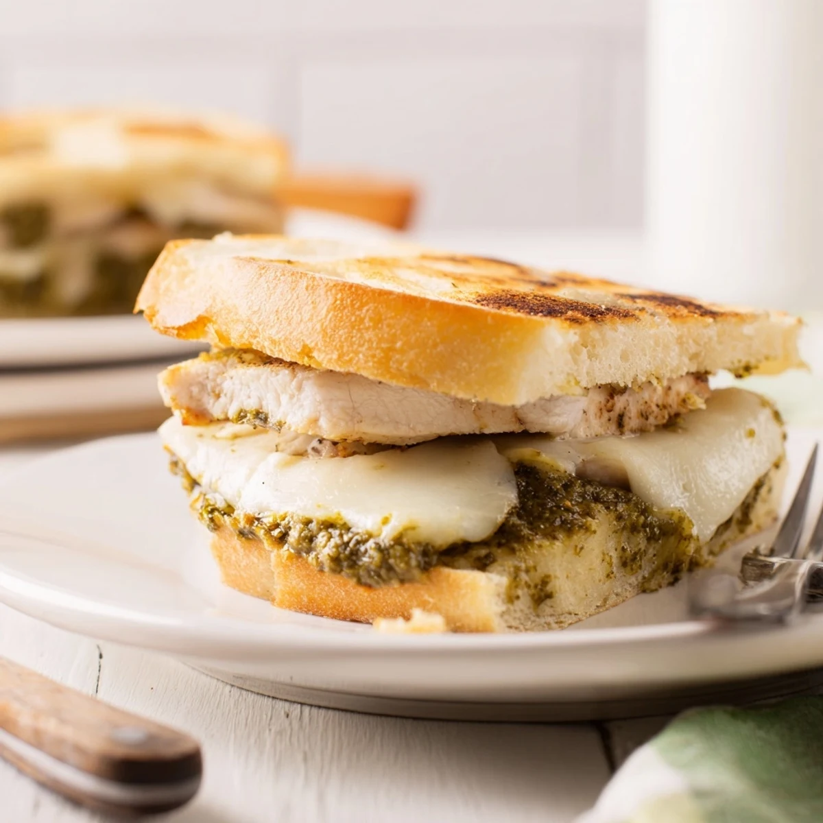 Freshly grilled Pesto Chicken Melt on ciabatta with melted cheese, basil leaves, and a side of ripe tomato slices for dipping.