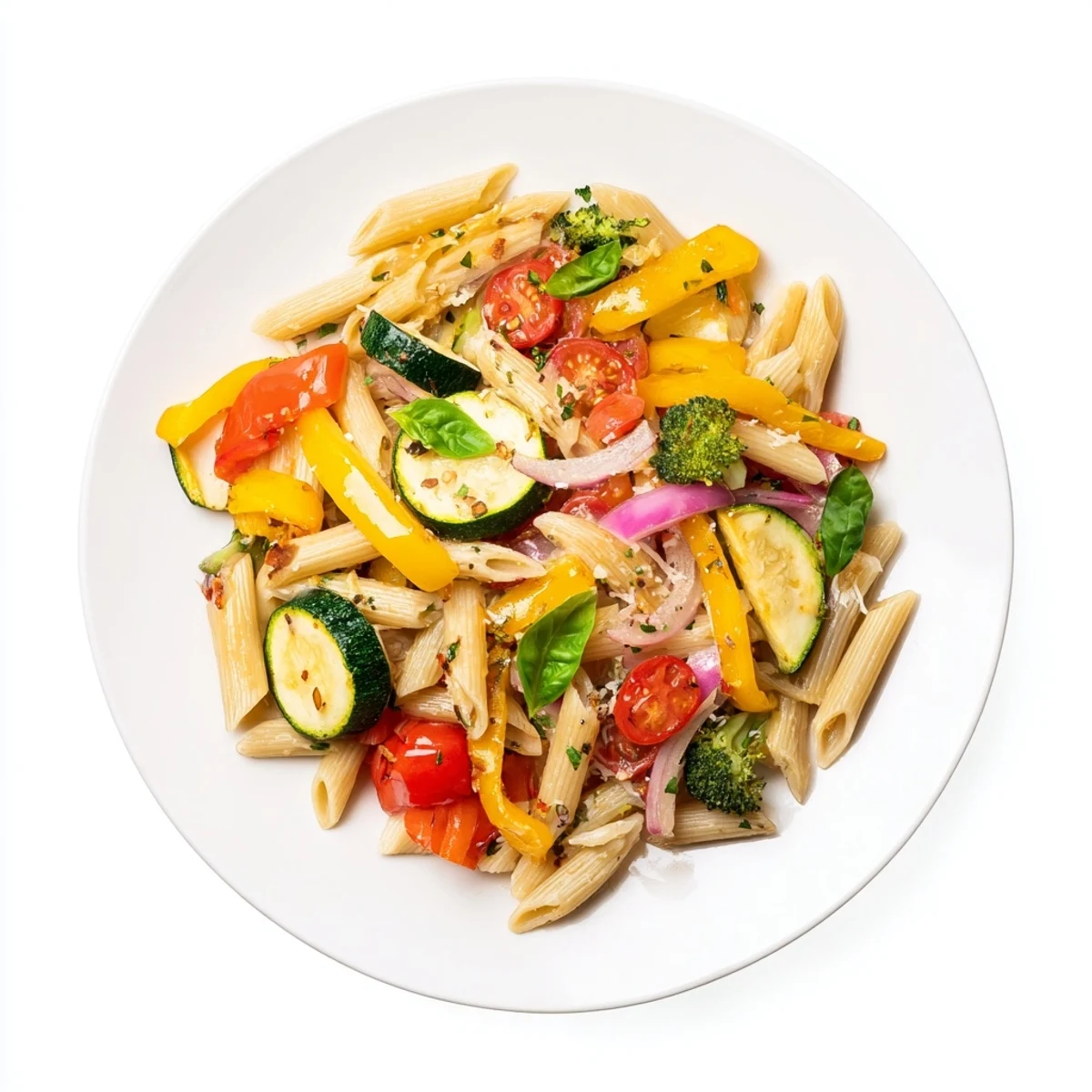 Garnished with freshly grated Parmesan and chopped basil, this delicious Pasta Primavera offers a medley of colorful roasted vegetables and pasta in every savory bite.