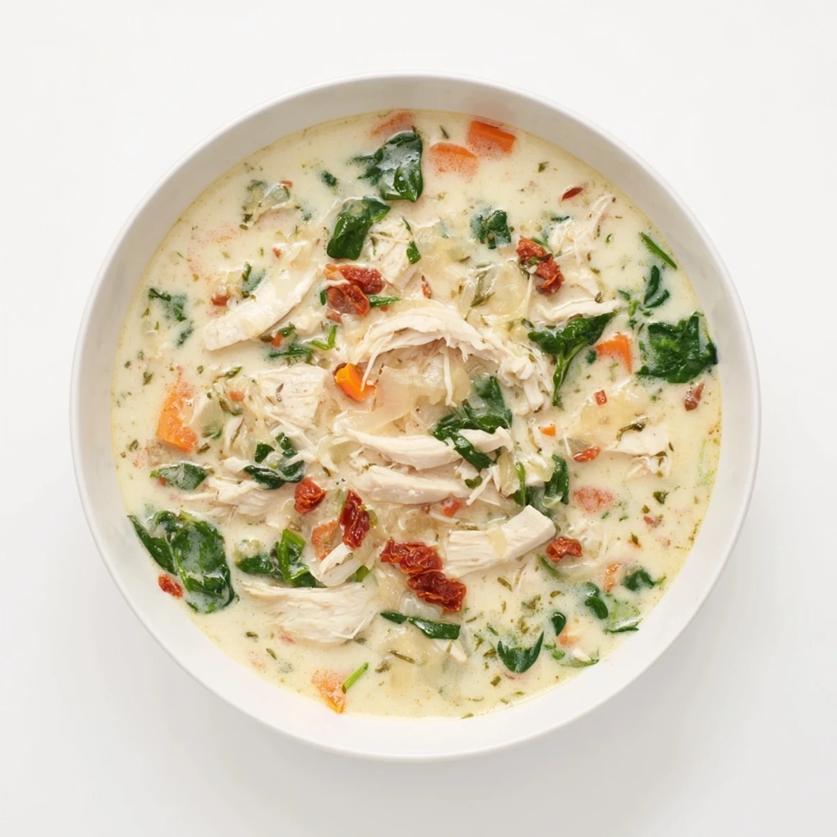 A bowl of creamy Tuscan chicken soup garnished with fresh spinach and sun-dried tomatoes.