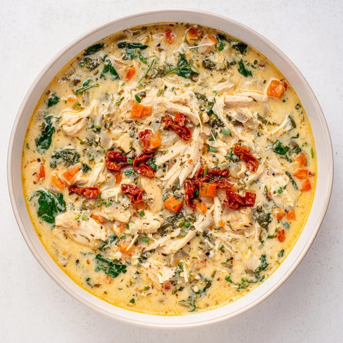 Creamy Tuscan chicken soup served hot in a rustic bowl with a drizzle of olive oil.