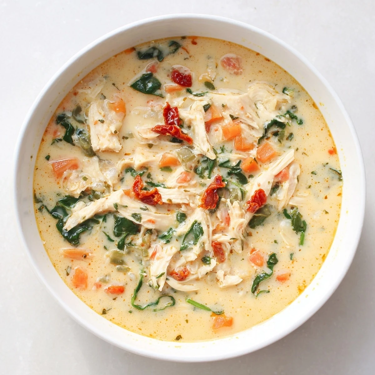 Steaming creamy Tuscan chicken soup featuring tender shredded chicken and vibrant spinach in a herb-infused broth.