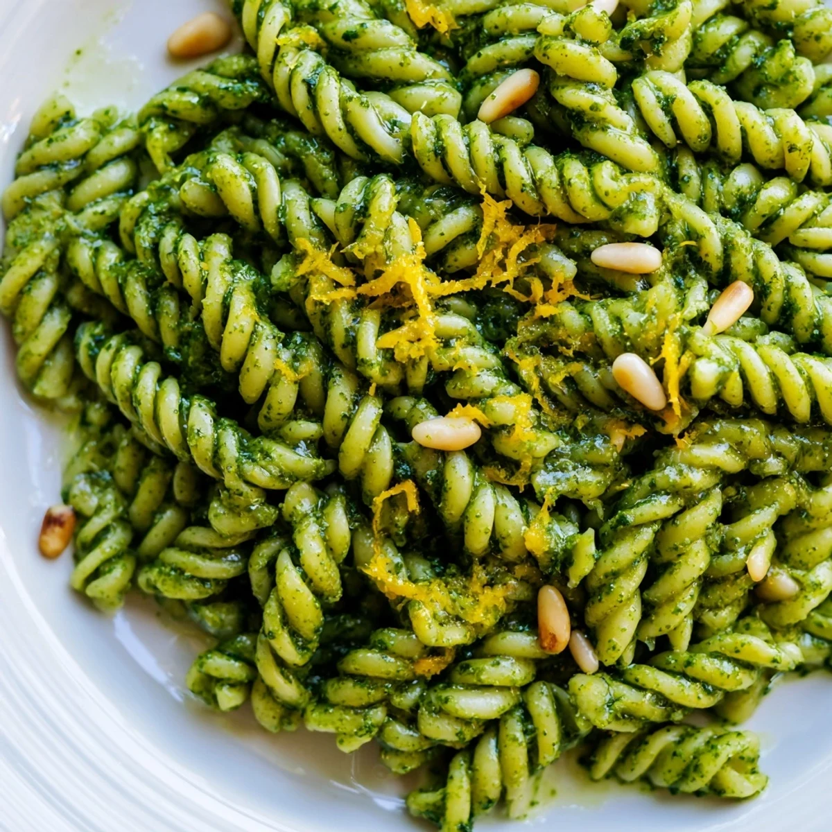 Vibrant Spring Green Pesto Pasta Salad in a white bowl, showcasing glossy fusilli coated in basil pesto and topped with peas, arugula, and toasted pine nuts.