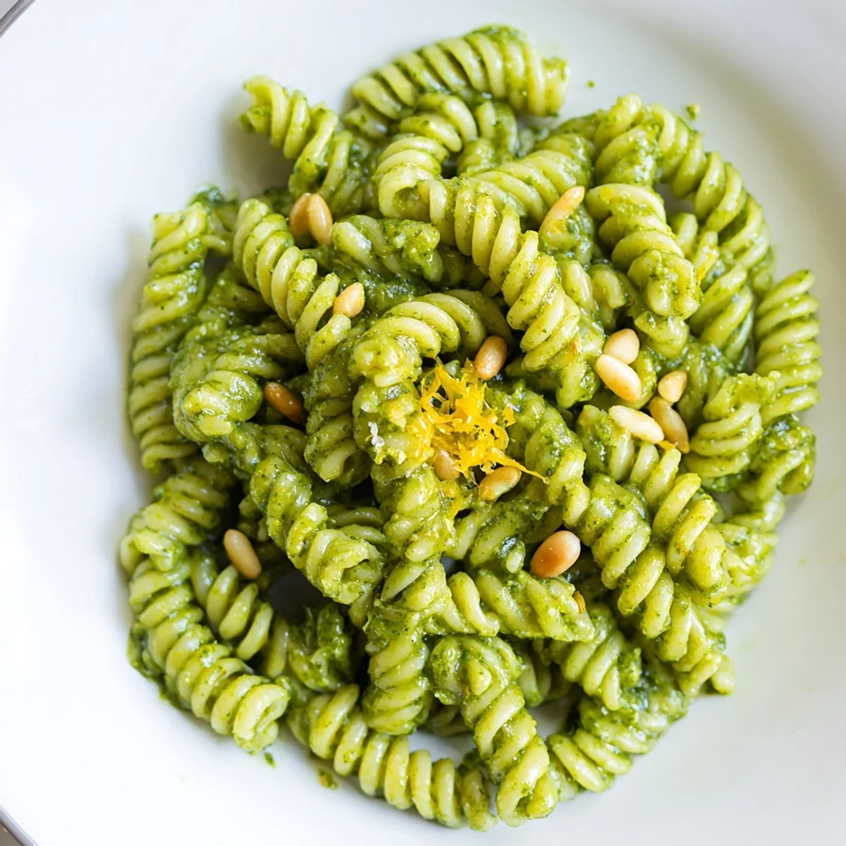 Bright Spring Green Pesto Pasta Salad served chilled with crumbled feta, lemon zest, and glistening olive oil, perfect for a fresh spring picnic.