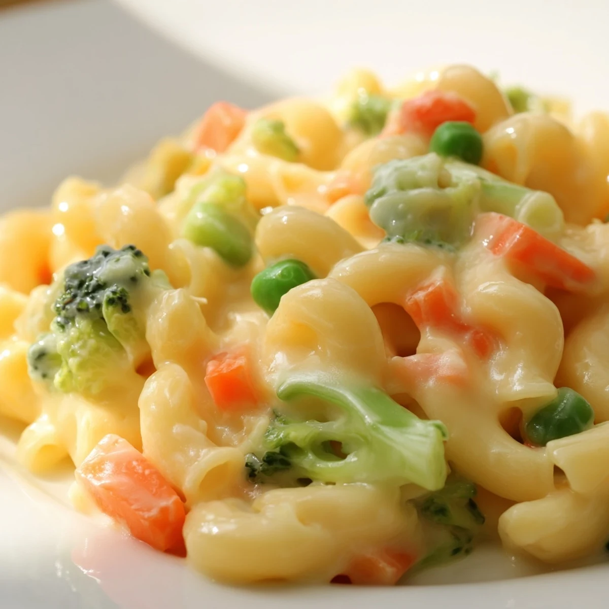 A serving of creamy Garden Veg Mac and Cheese on a plate with roasted veggies and fresh herbs.  