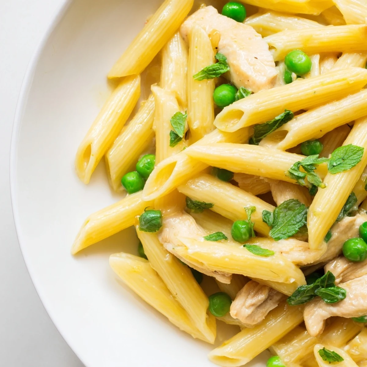 Bright green peas and tender chicken pieces tossed with penne in a glossy lemon sauce, garnished with fresh mint.