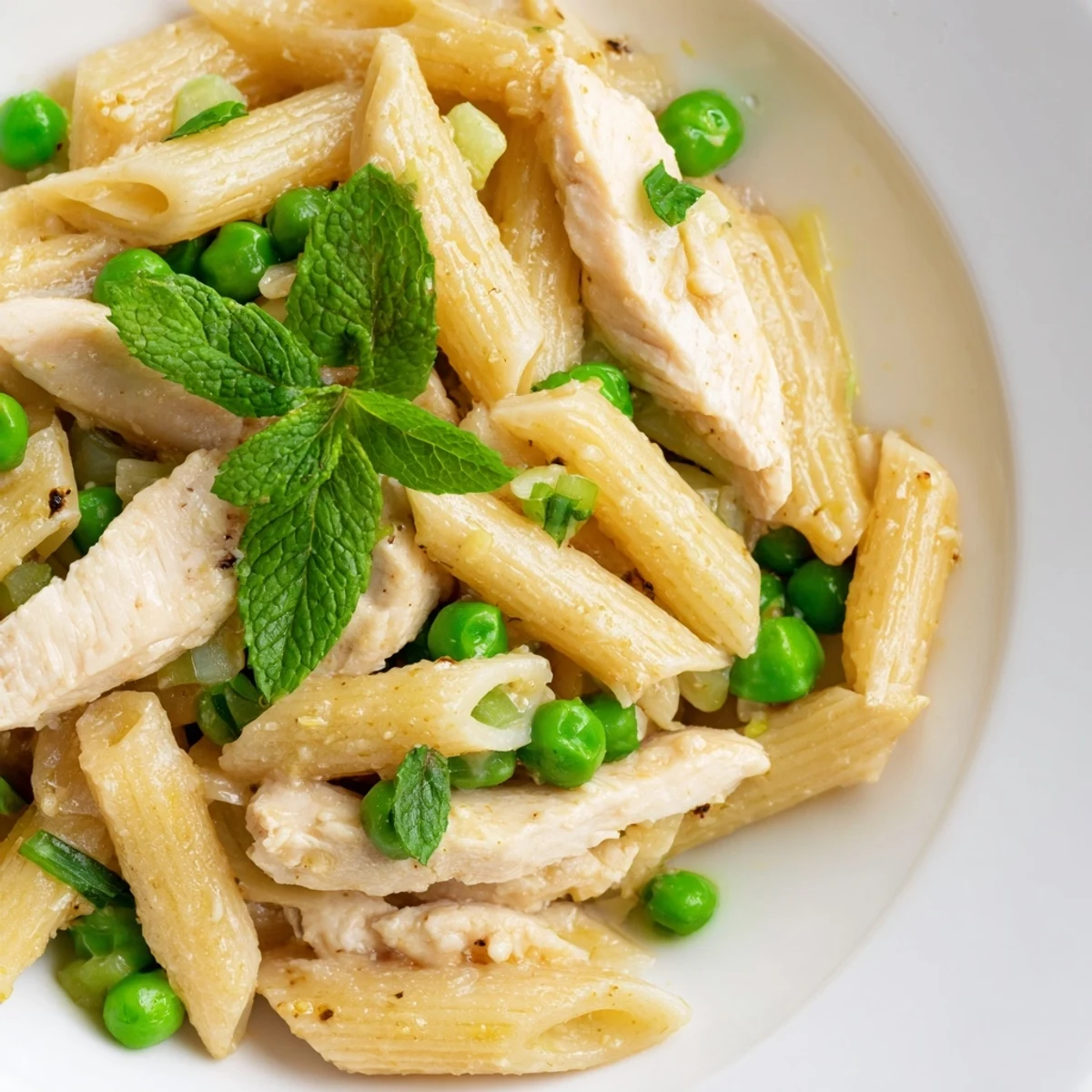 A close-up of pea and mint chicken pasta, featuring golden-brown chicken strips and melted Parmesan on a white plate.