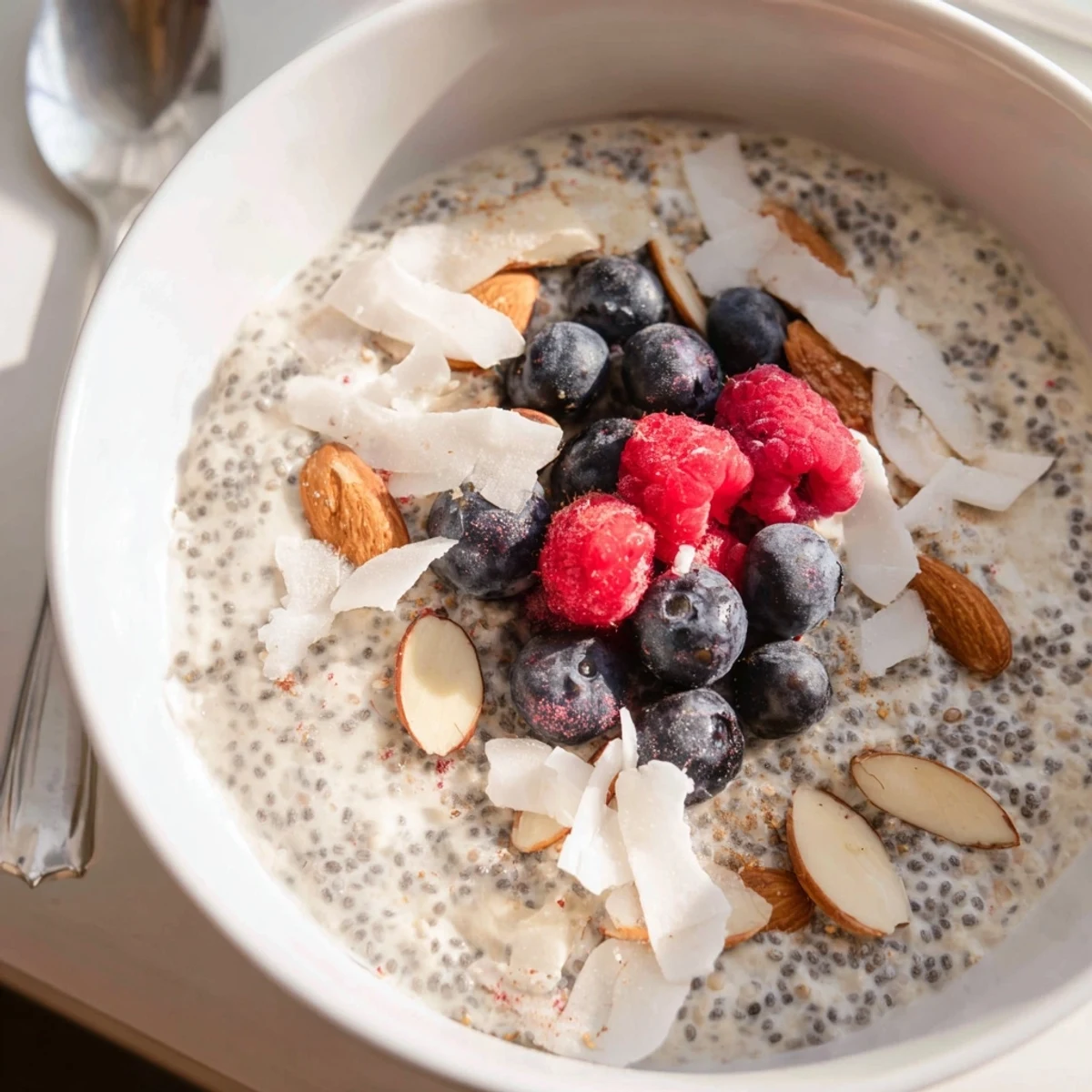 Creamy poppy seed chia pudding layered with fresh berries and toasted almonds for a nourishing breakfast treat.  