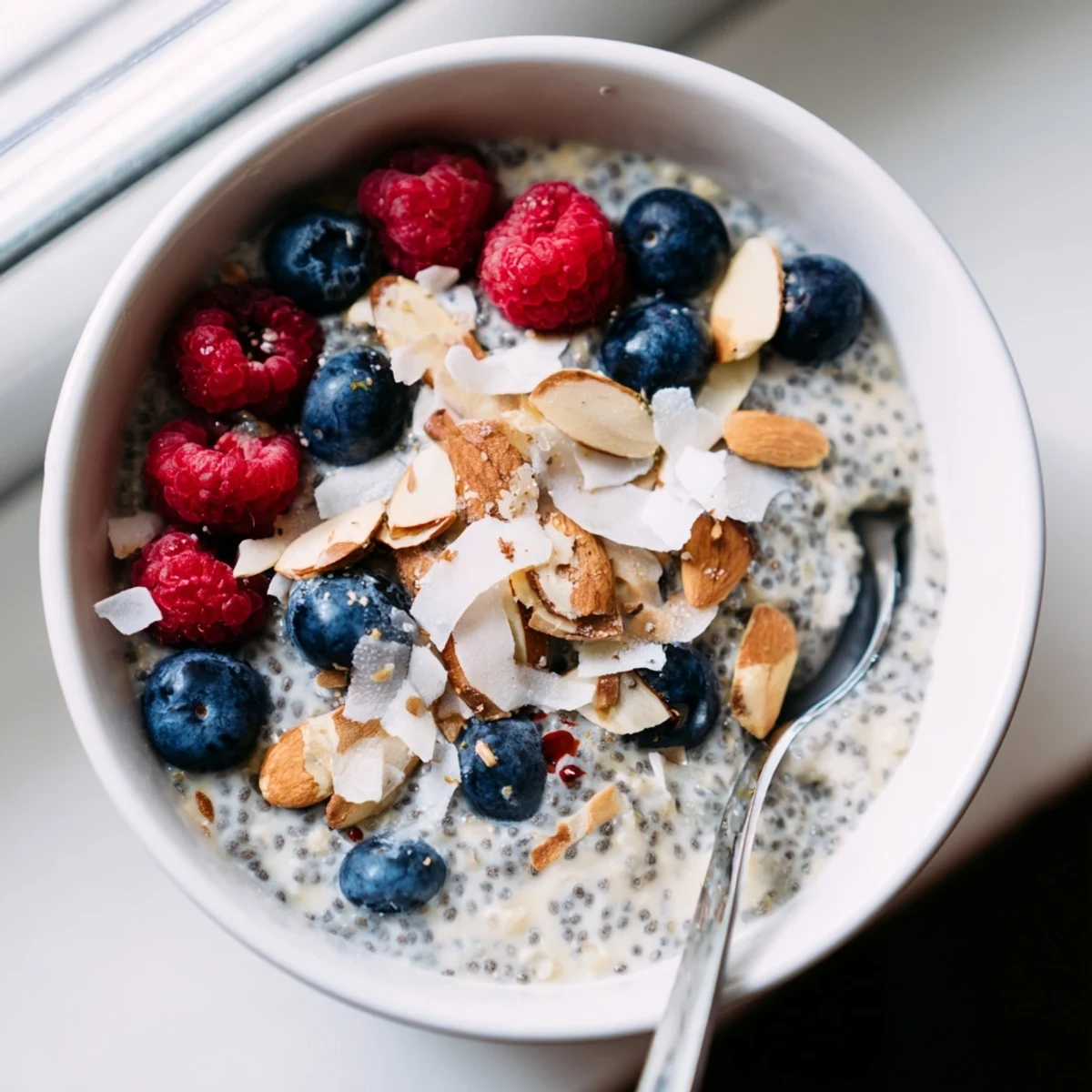 Healthy poppy seed chia pudding in a glass jar, ready to enjoy as a gluten-free dessert or snack.