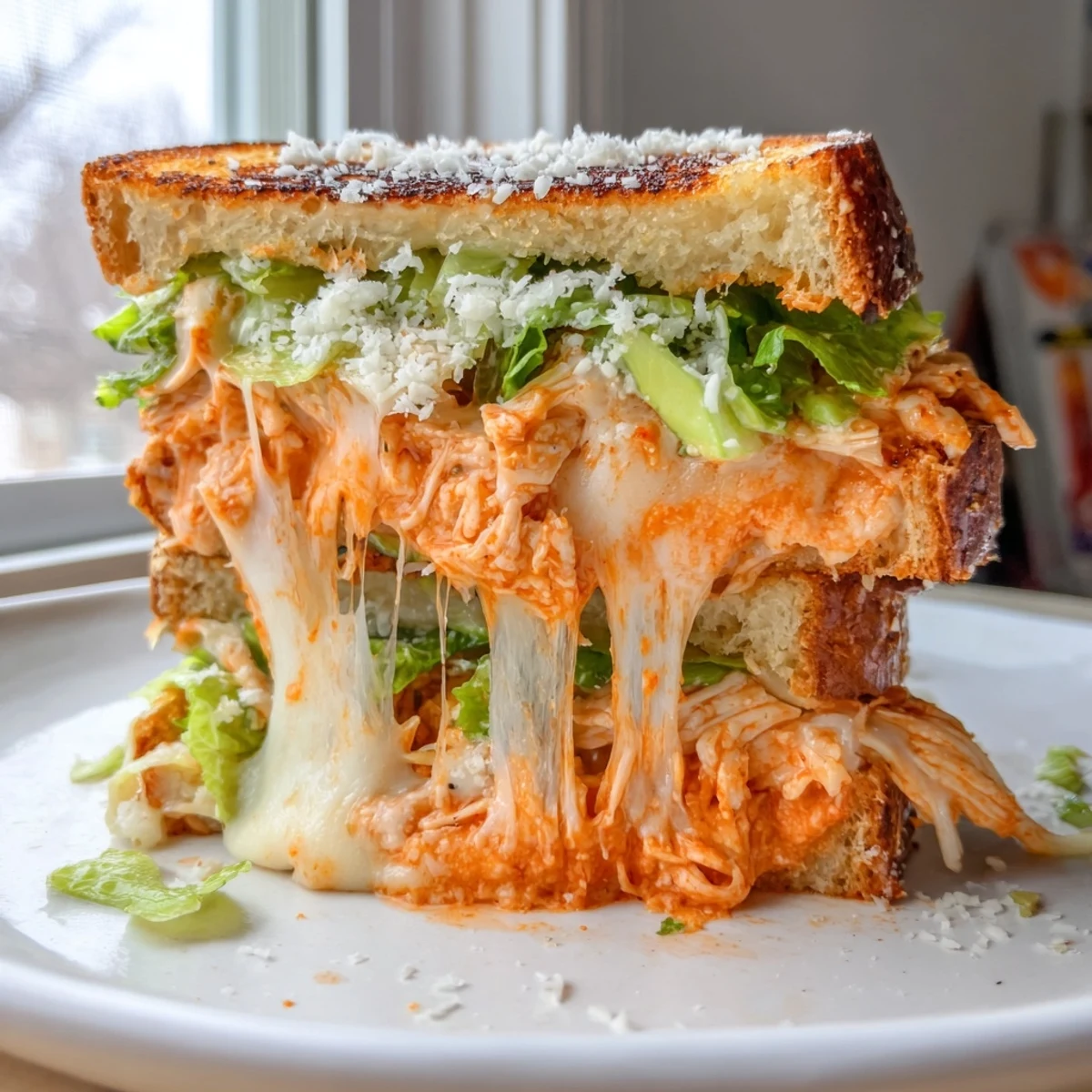 Golden Buffalo Chicken Caesar Grilled Cheese sandwiches melt provolone and Parmesan between crispy sourdough.