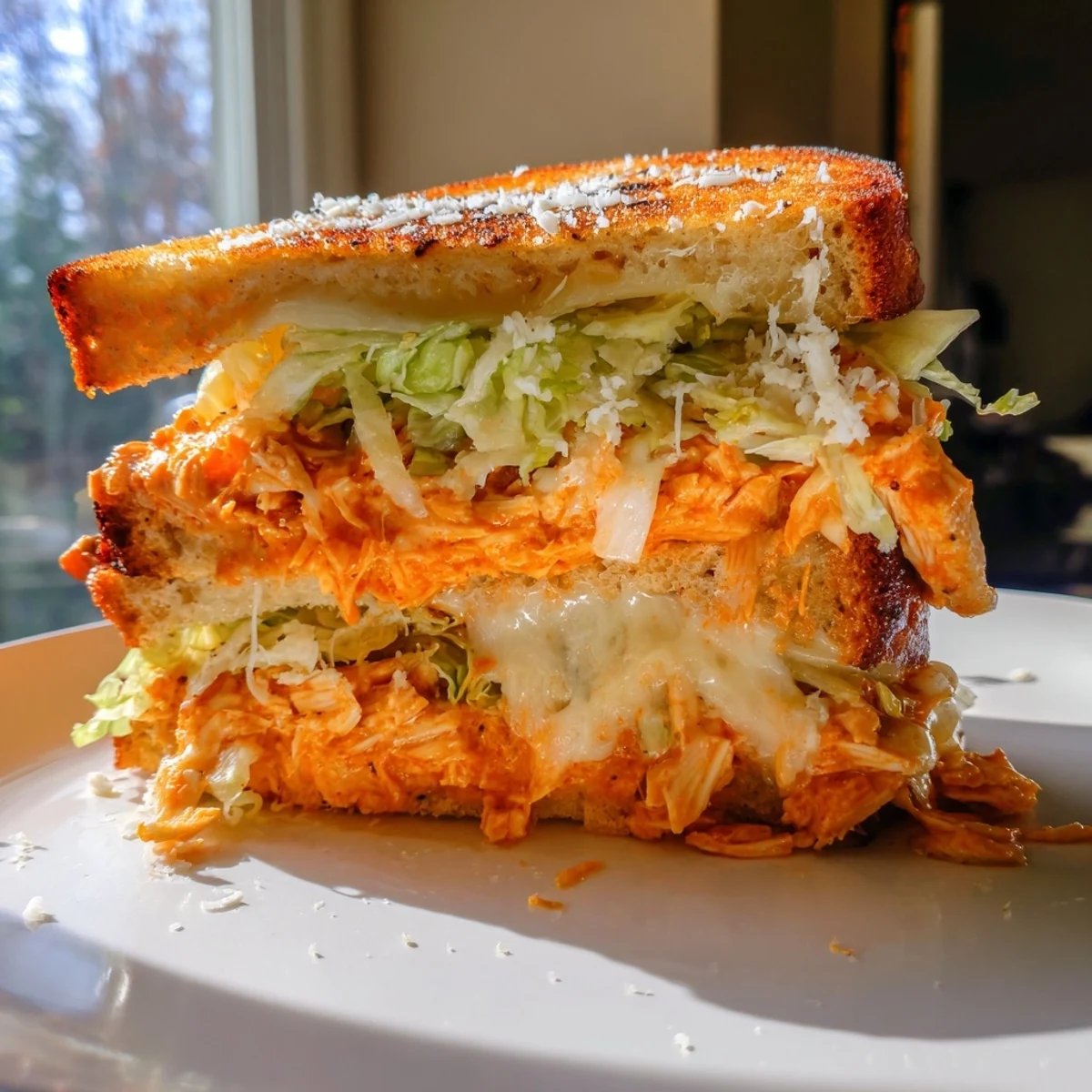 Buffalo Chicken Caesar Grilled Cheese is served on a wooden board with a side of extra dressing.