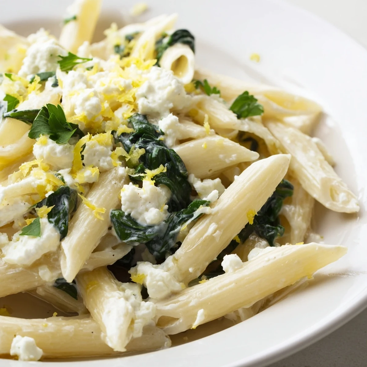 Savory Creamy Feta Spinach Pasta in a shallow bowl, garnished with fresh basil and a sprinkle of lemon zest.  