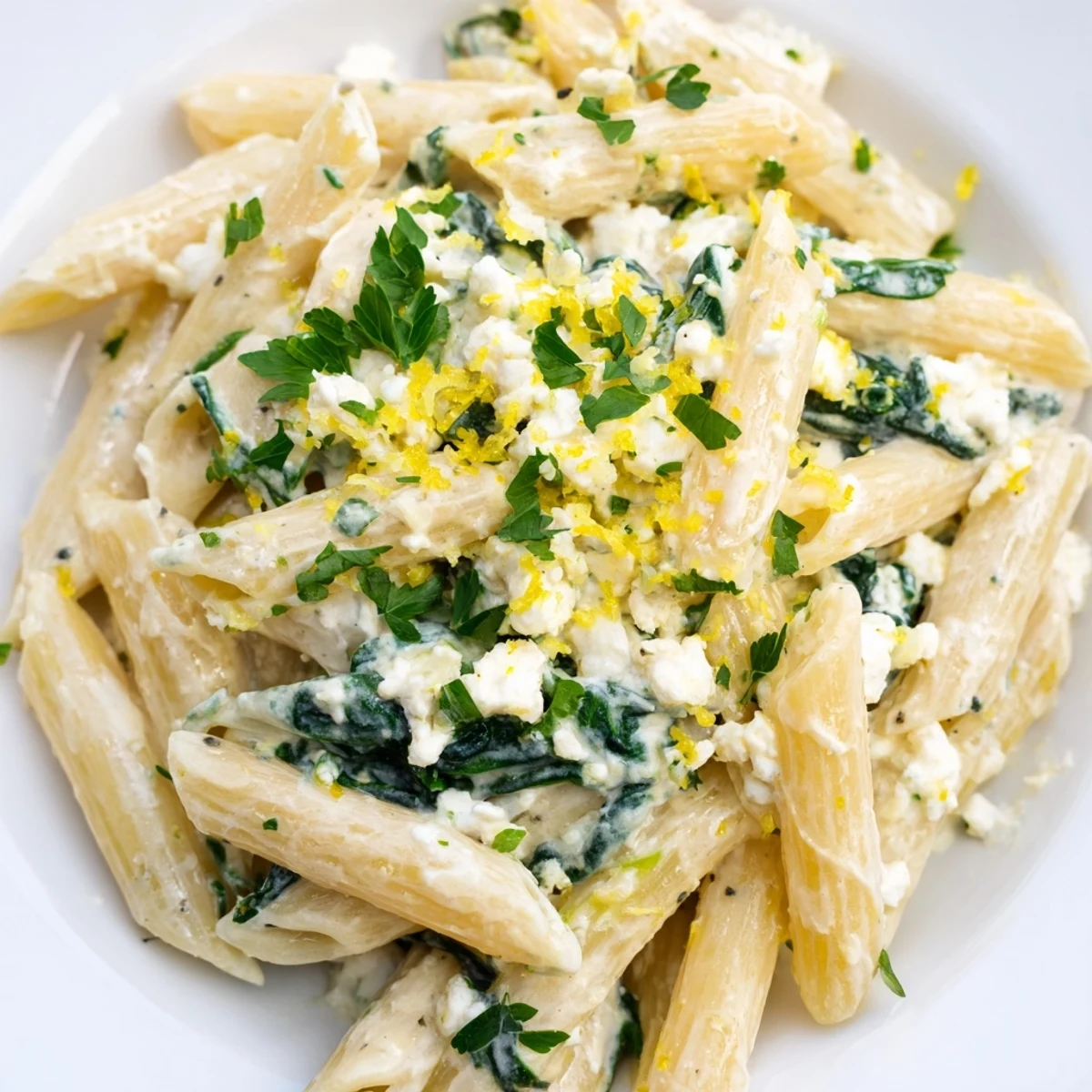 Steaming plate of Creamy Feta Spinach Pasta, highlighting velvety sauce and tender spinach leaves for a quick dinner.